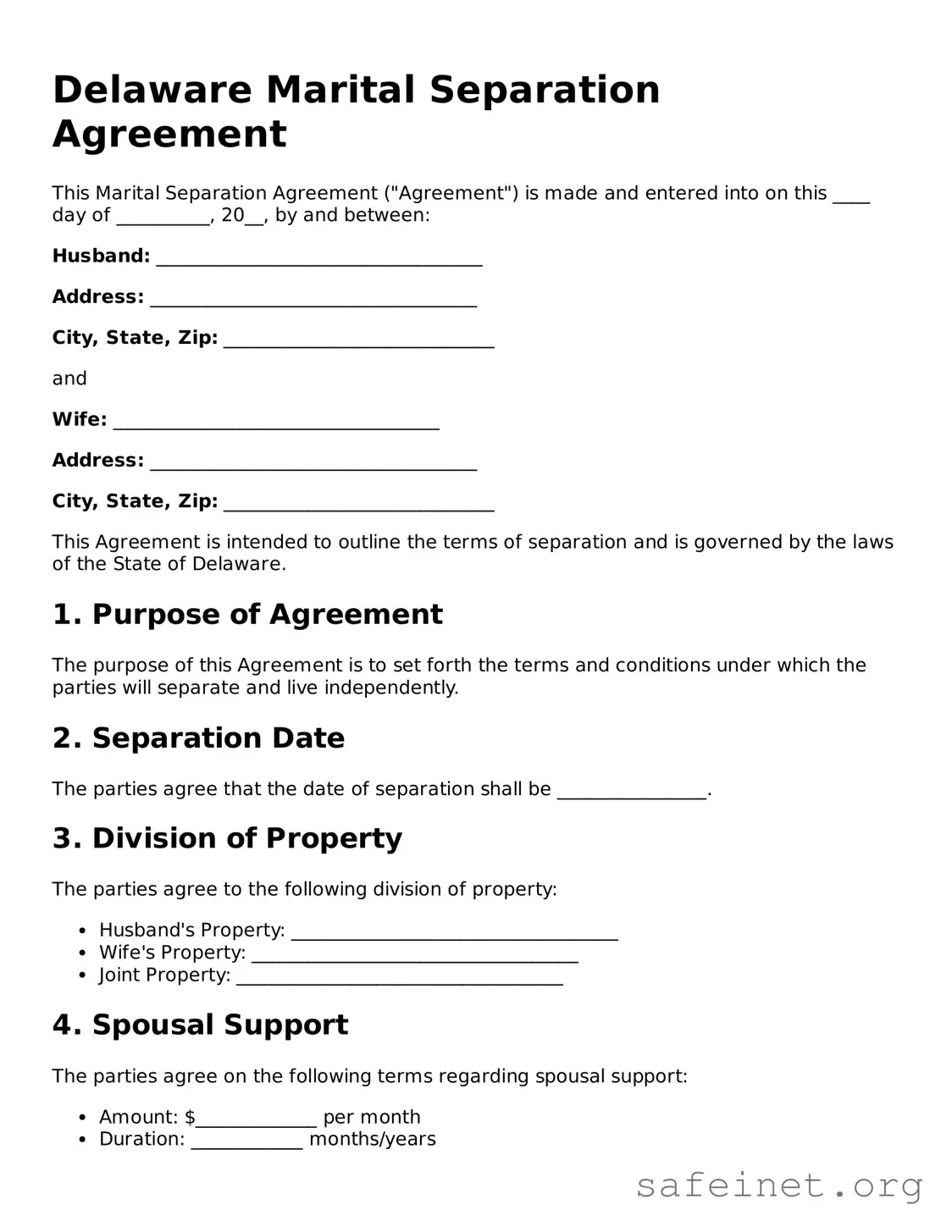 Valid Marital Separation Agreement Template for the State of Delaware