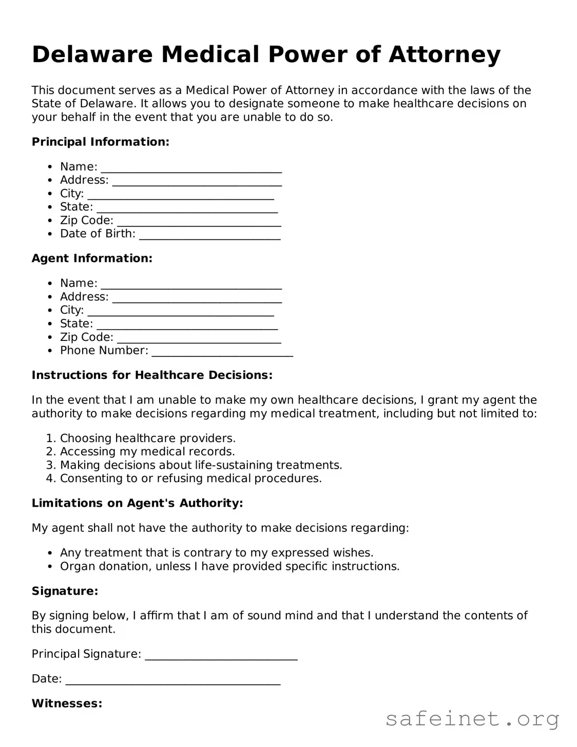 Valid Medical Power of Attorney Template for the State of Delaware