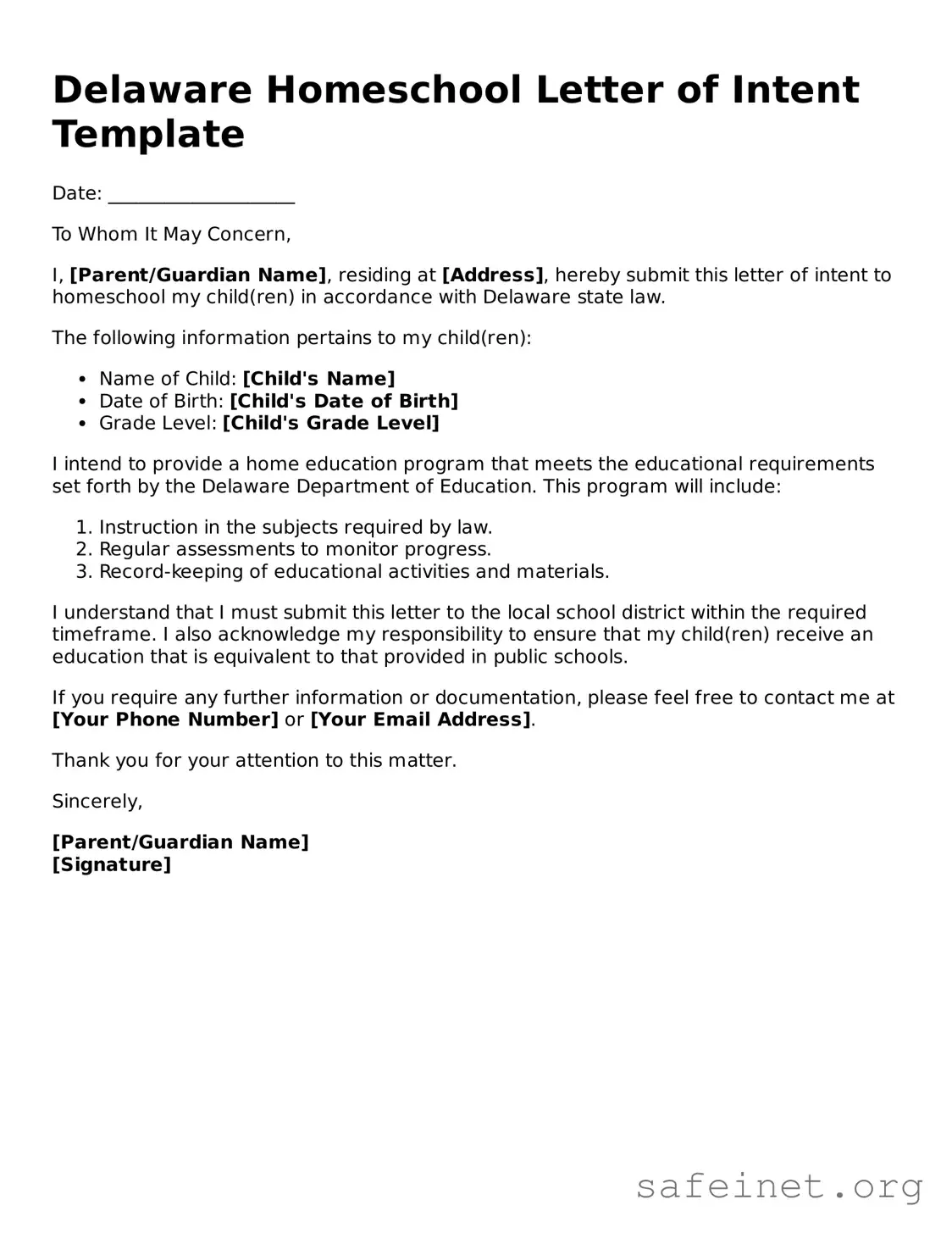 Valid Homeschool Letter of Intent Template for the State of Delaware