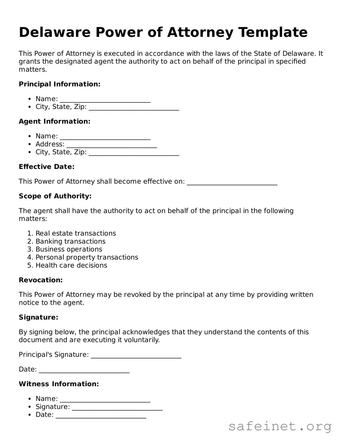 Valid Power of Attorney Template for the State of Delaware