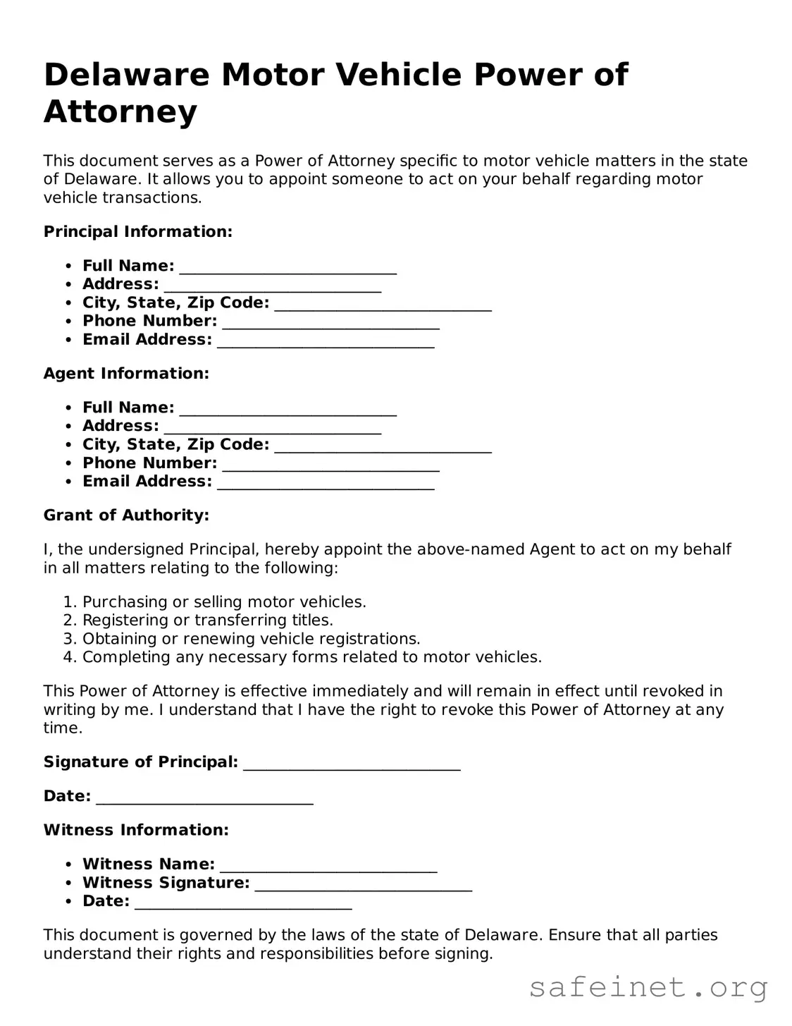 Valid Motor Vehicle Power of Attorney Template for the State of Delaware