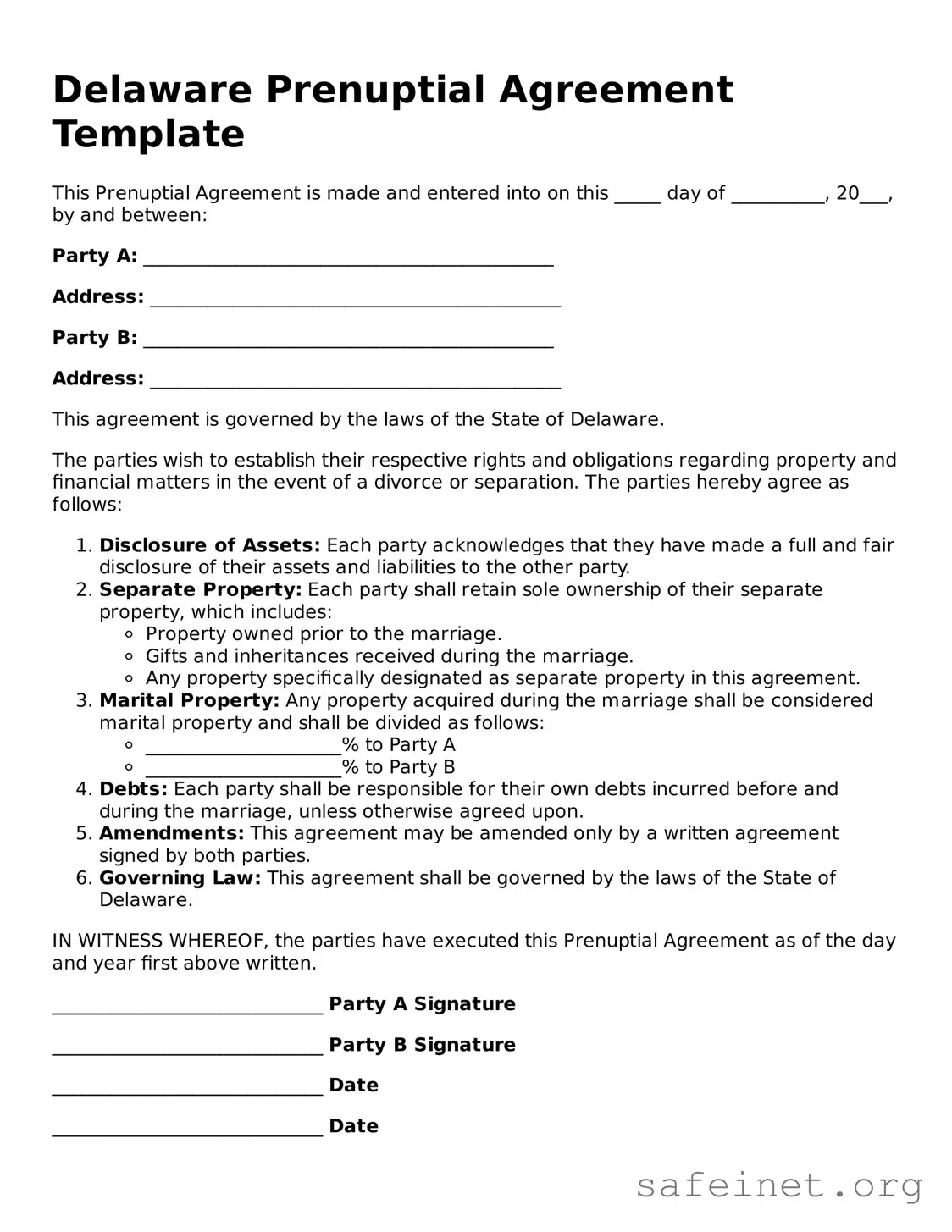 Valid Prenuptial Agreement Template for the State of Delaware