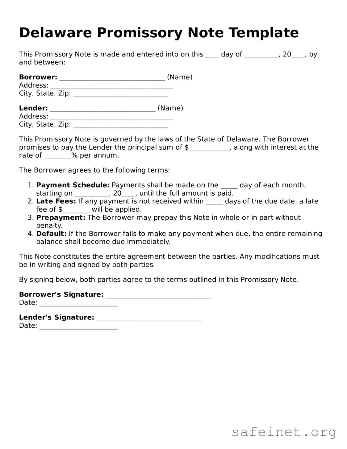 Valid Promissory Note Template for the State of Delaware