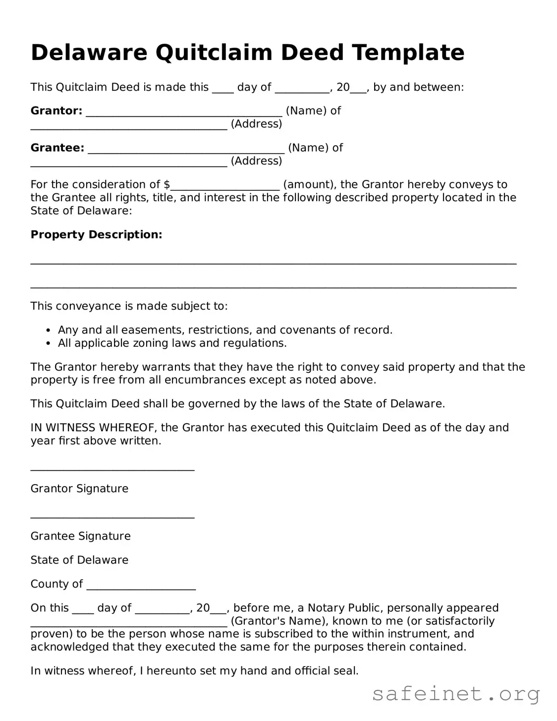 Valid Quitclaim Deed Template for the State of Delaware