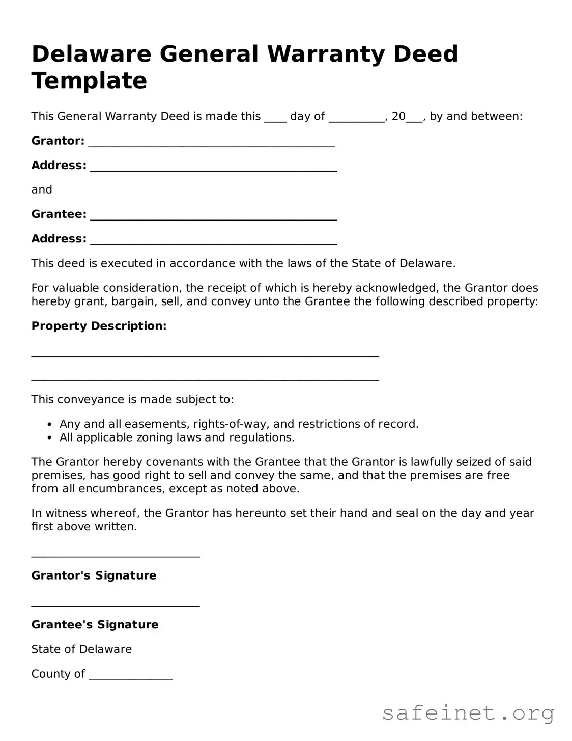 Valid Deed Template for the State of Delaware