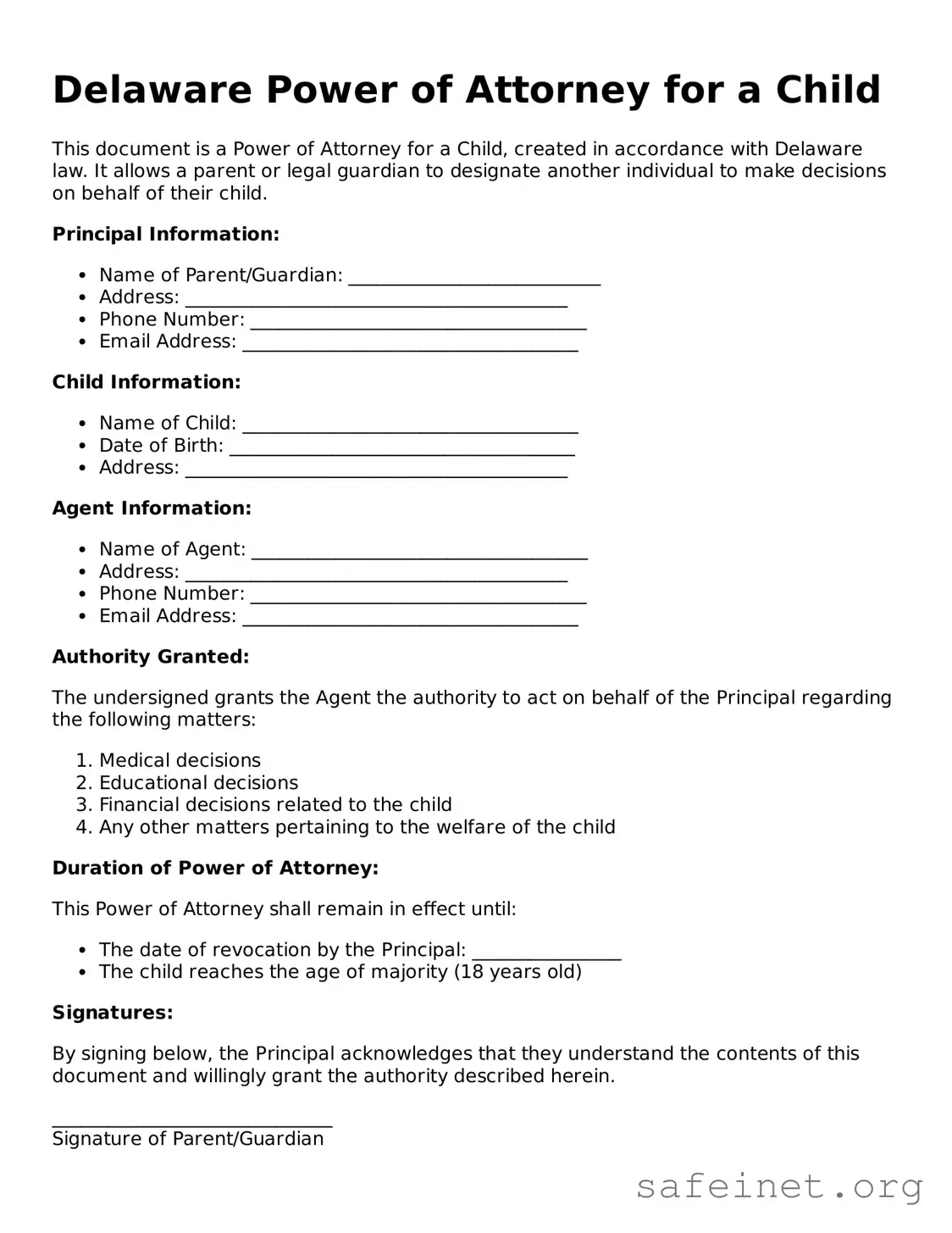 Valid Power of Attorney for a Child Template for the State of Delaware