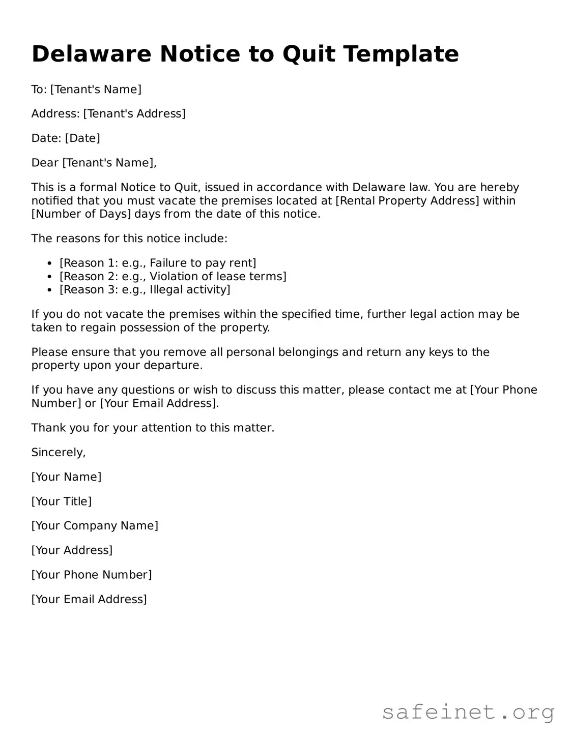 Valid Notice to Quit Template for the State of Delaware