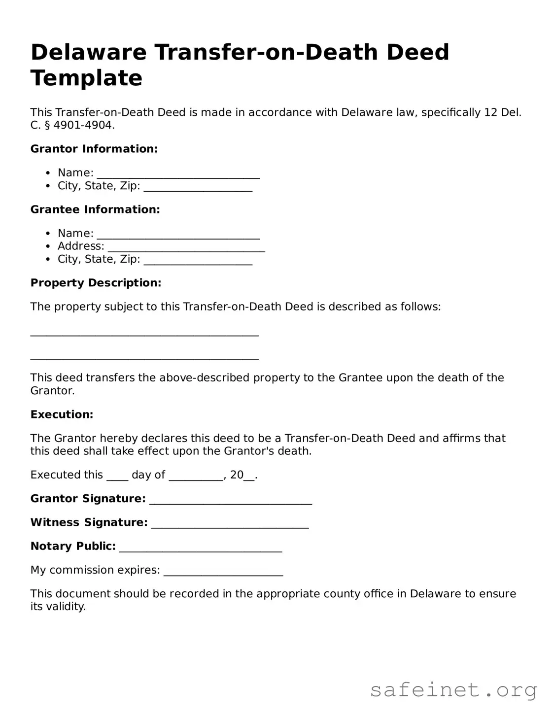 Valid Transfer-on-Death Deed Template for the State of Delaware