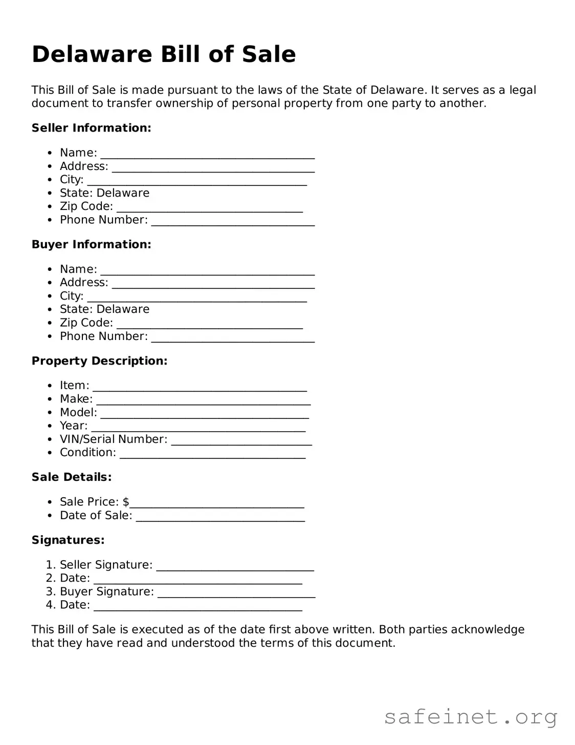 Valid Bill of Sale Template for the State of Delaware