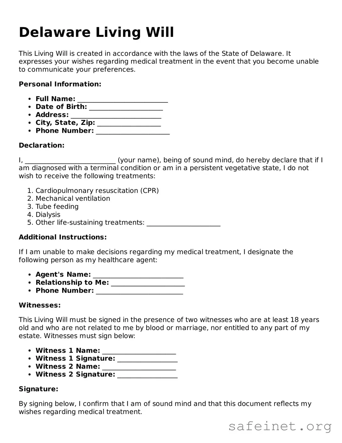 Valid Living Will Template for the State of Delaware