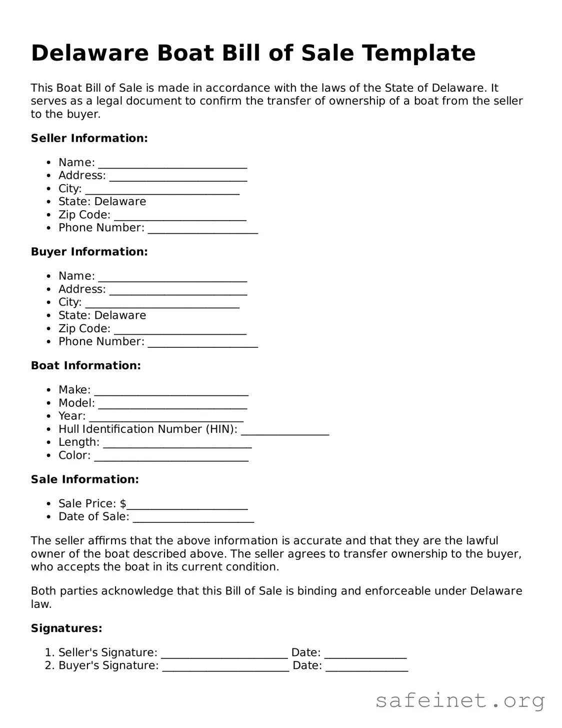 Valid Boat Bill of Sale Template for the State of Delaware