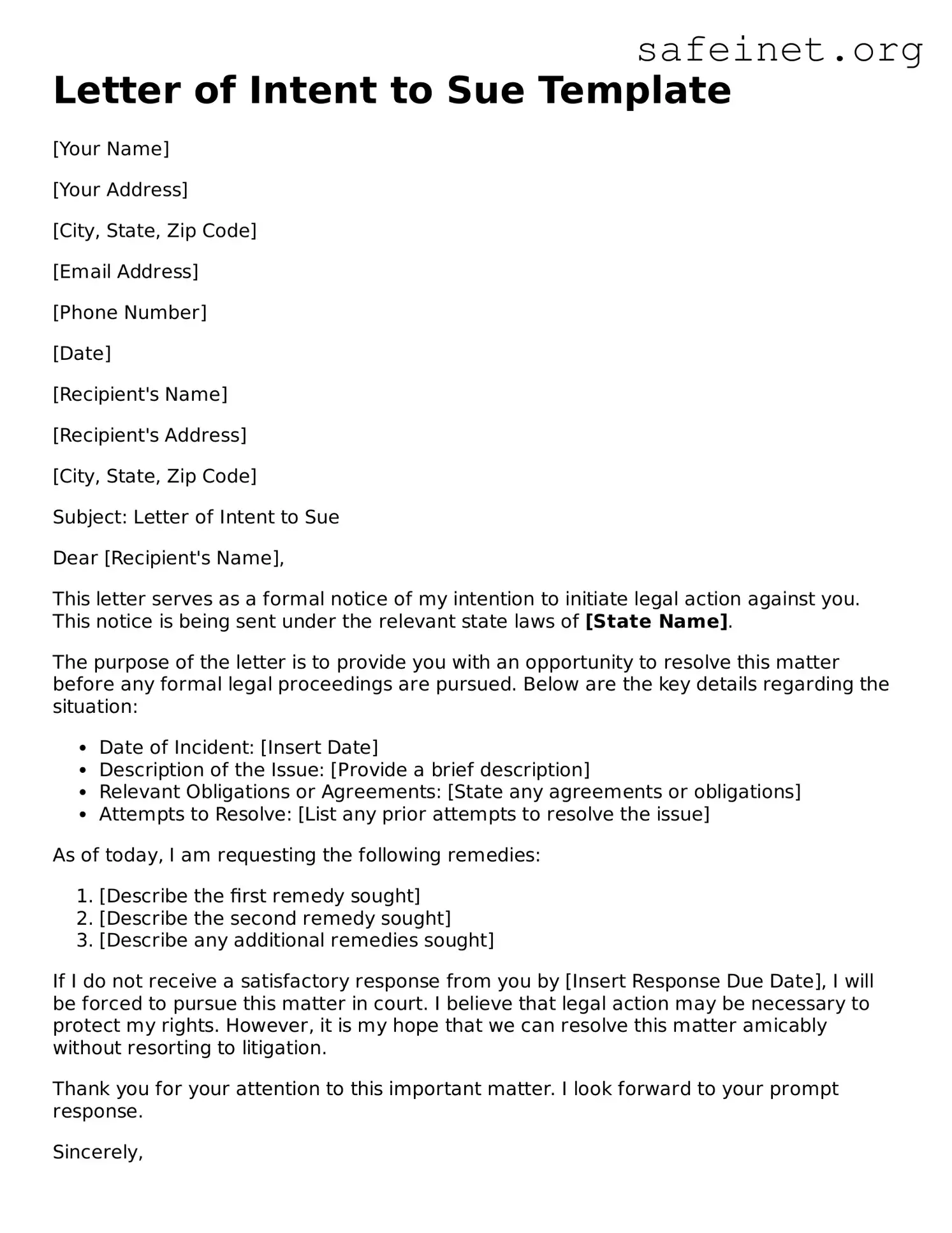 Official Letter of Intent to Sue Document