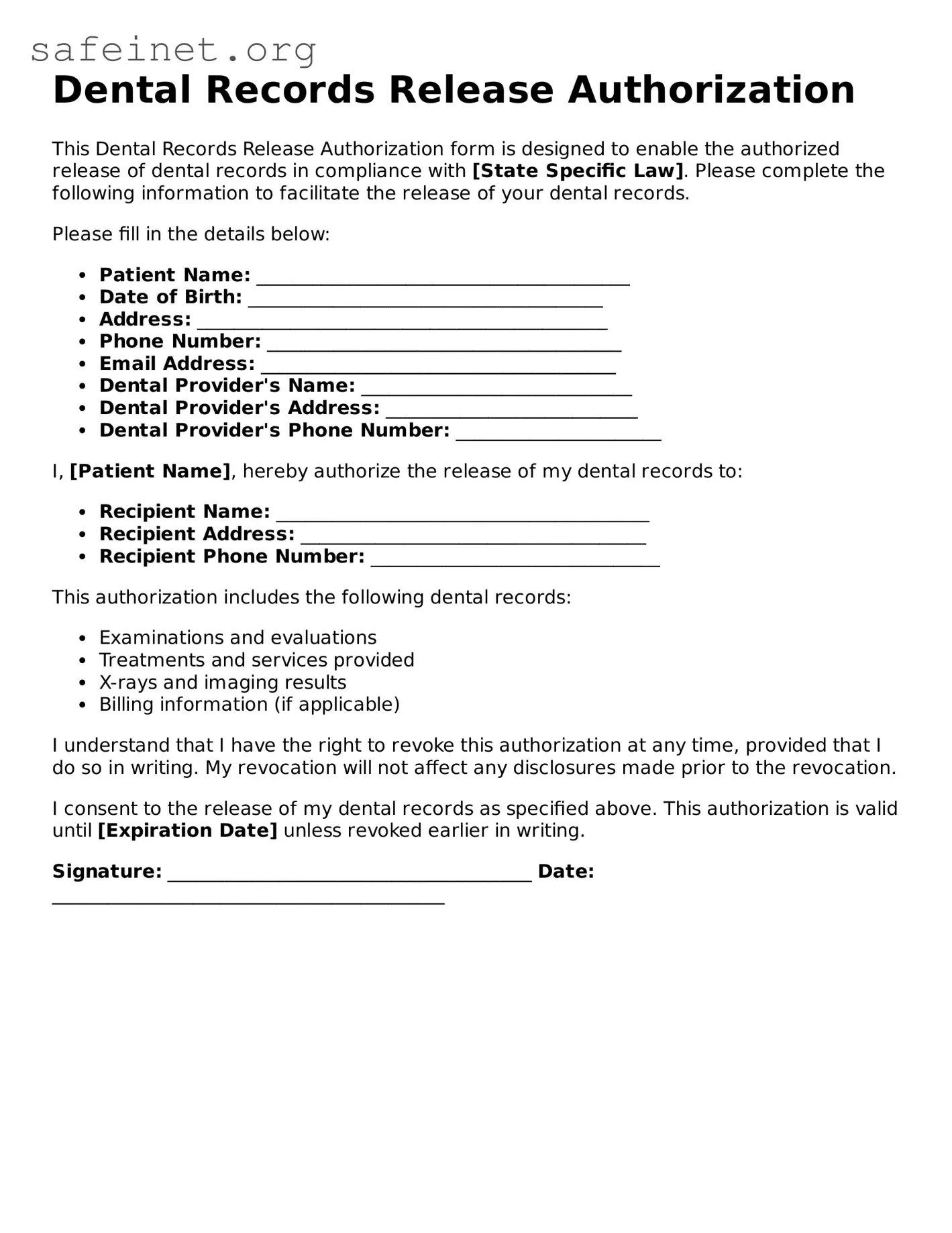 Official Dental Records Release Document