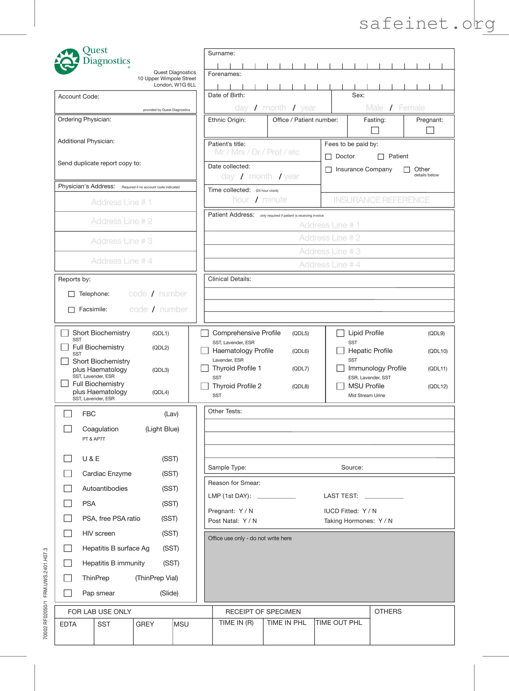 Blank Order Quest Diagnostics Template