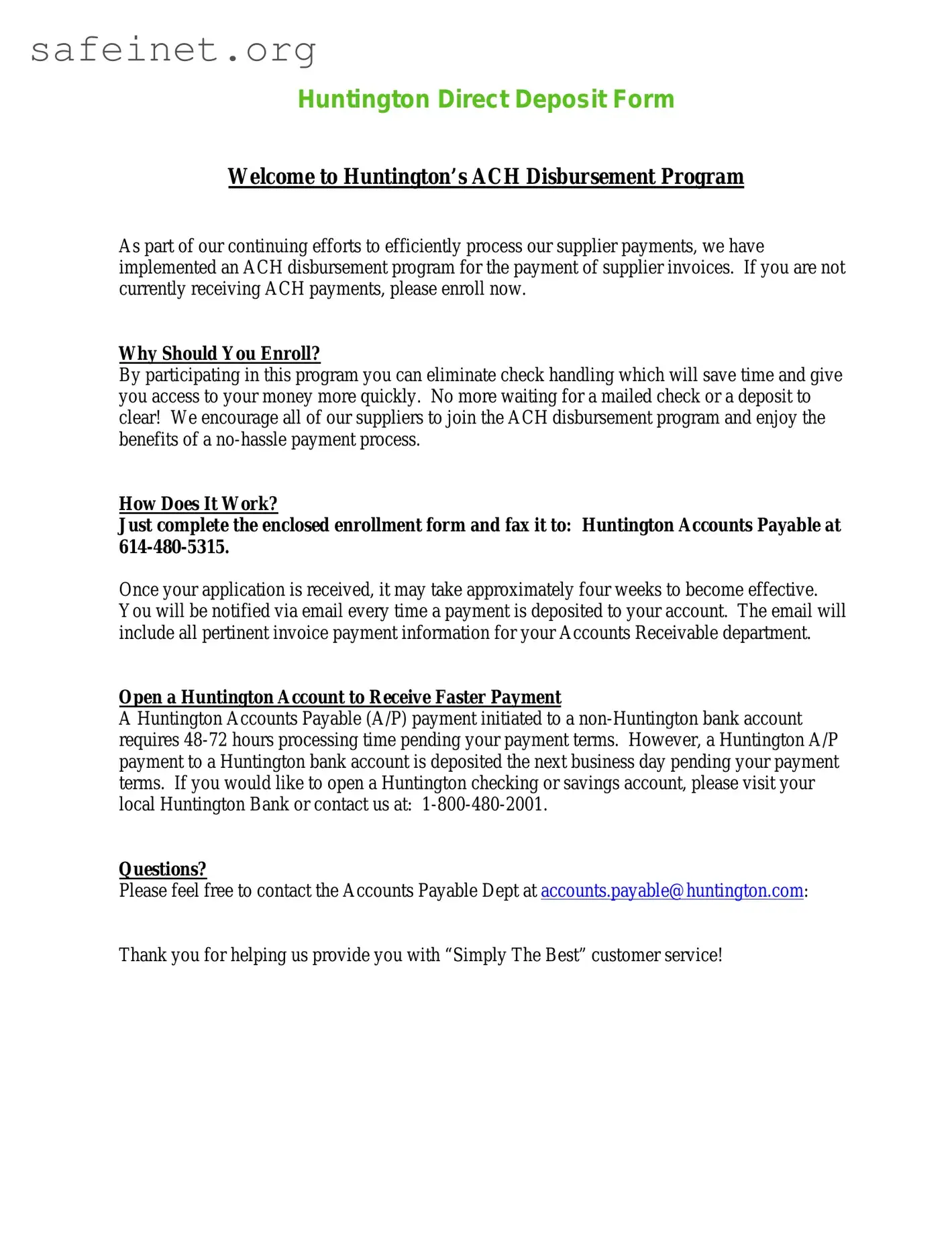 Blank Direct Deposit Huntington Bank Template