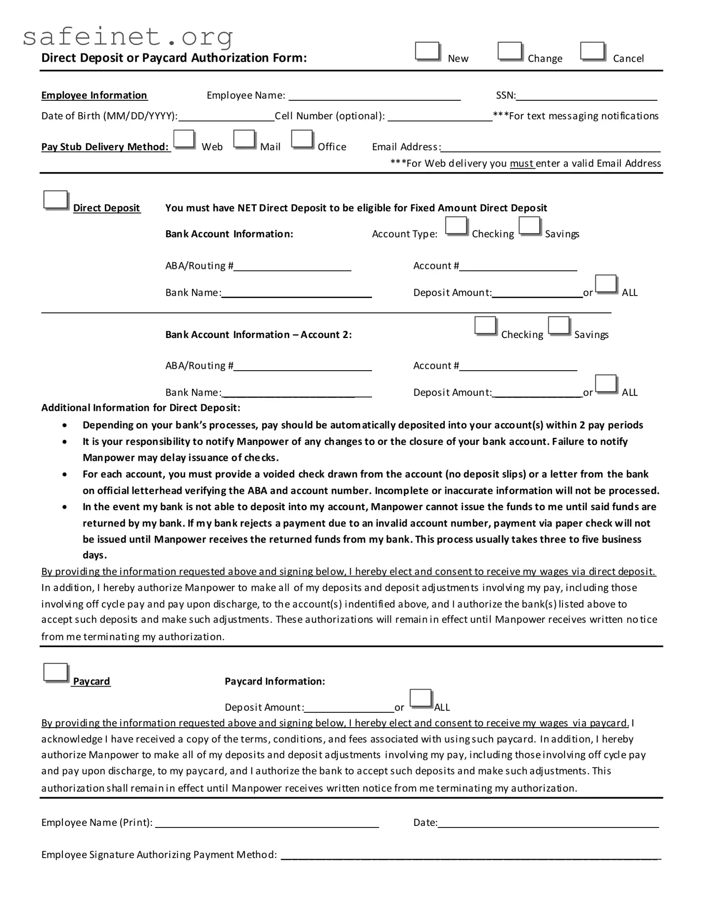 Blank Direct Deposit Paycard Authorization Template