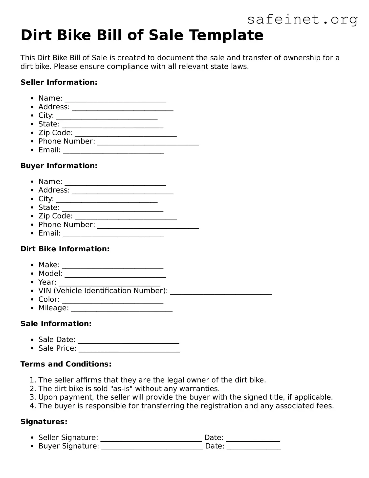 Official Dirt Bike Bill of Sale Document