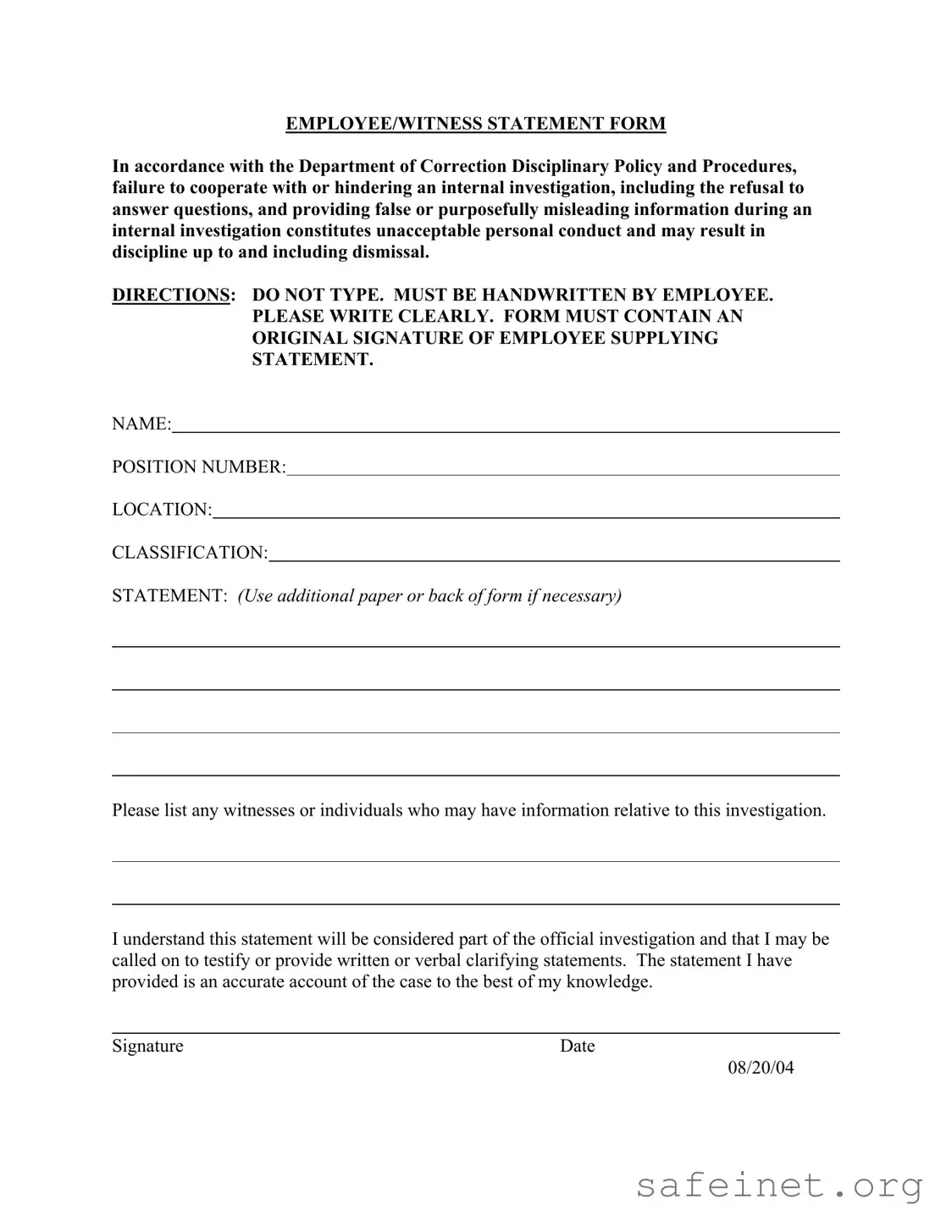 Blank Employee Statement Template