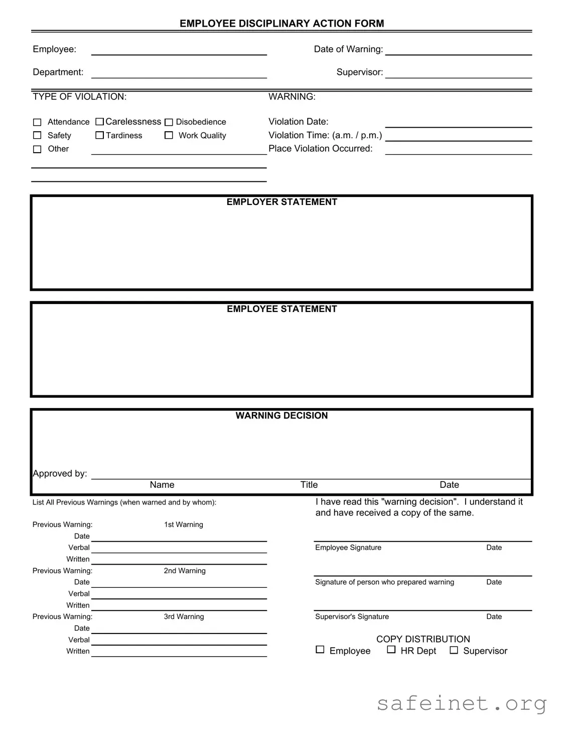 Blank Disciplinary Action Template