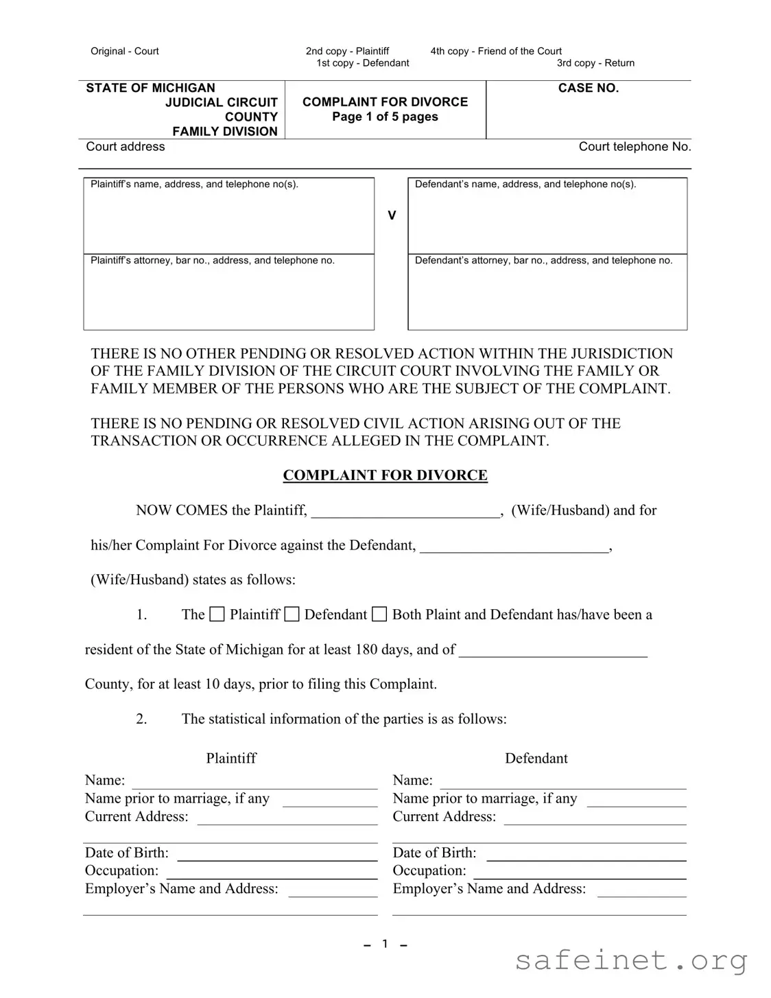 Blank Michigan Complaint Divorce Template