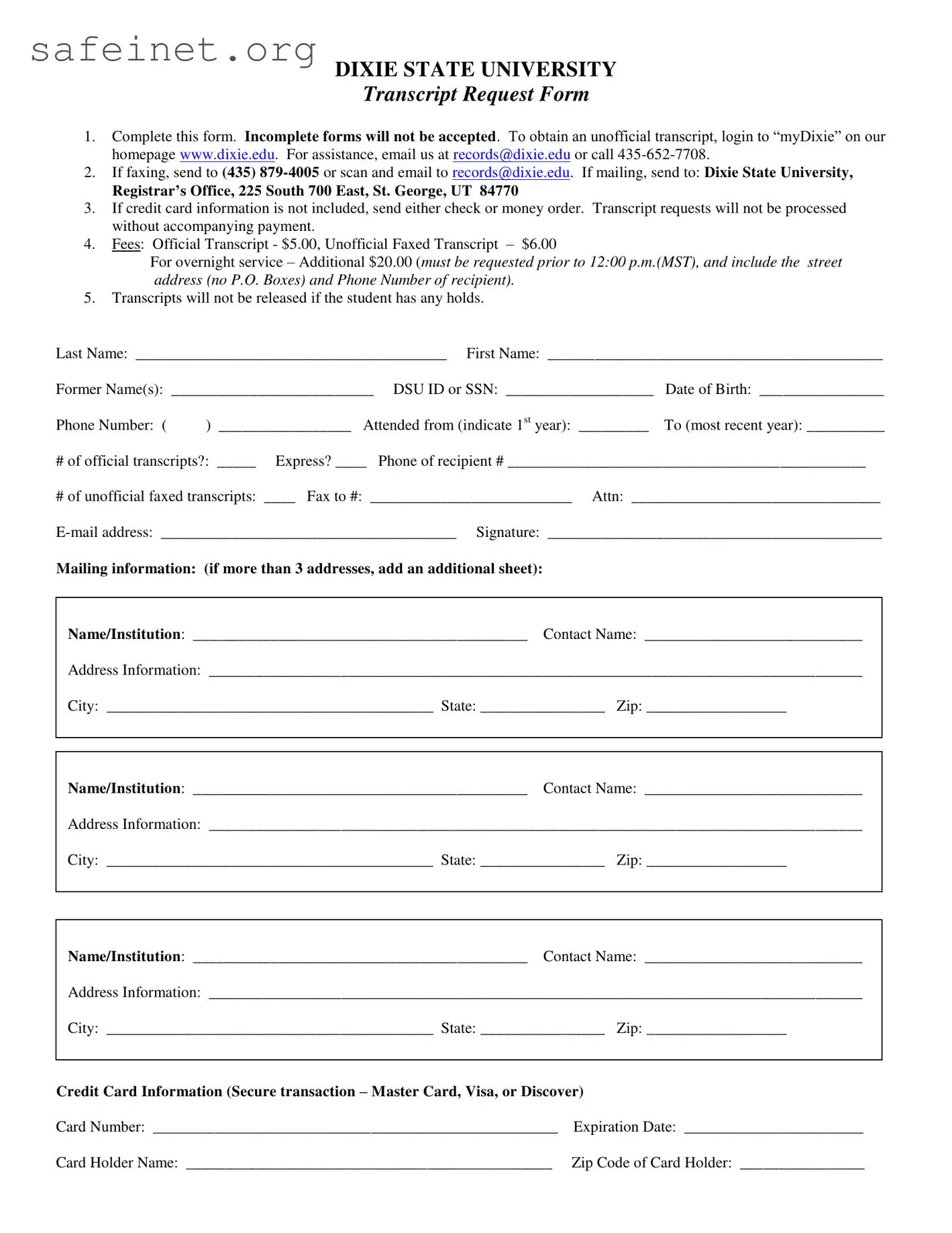 Blank Dixie Transcripts Template