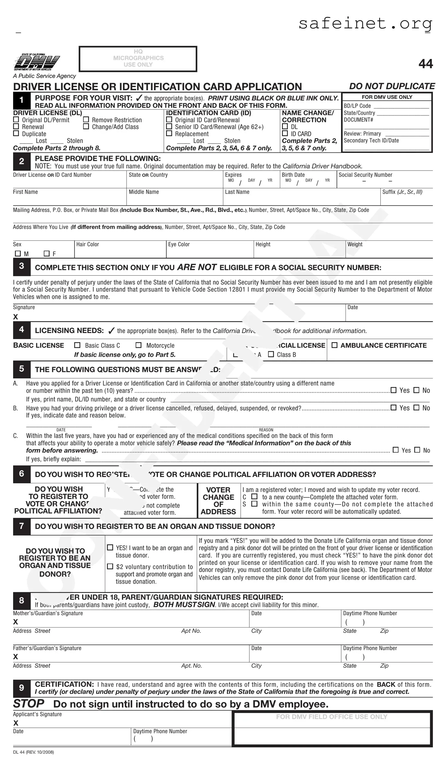 Blank Ca Dmv Dl 44 Template