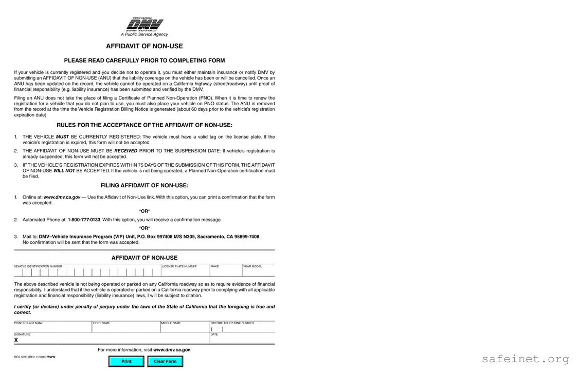 Blank California Affidavit of Non-Use REG 5090 Template