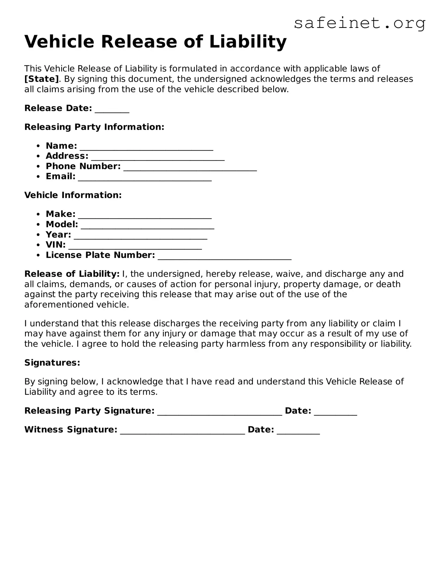 Official Vehicle Release of Liability Document