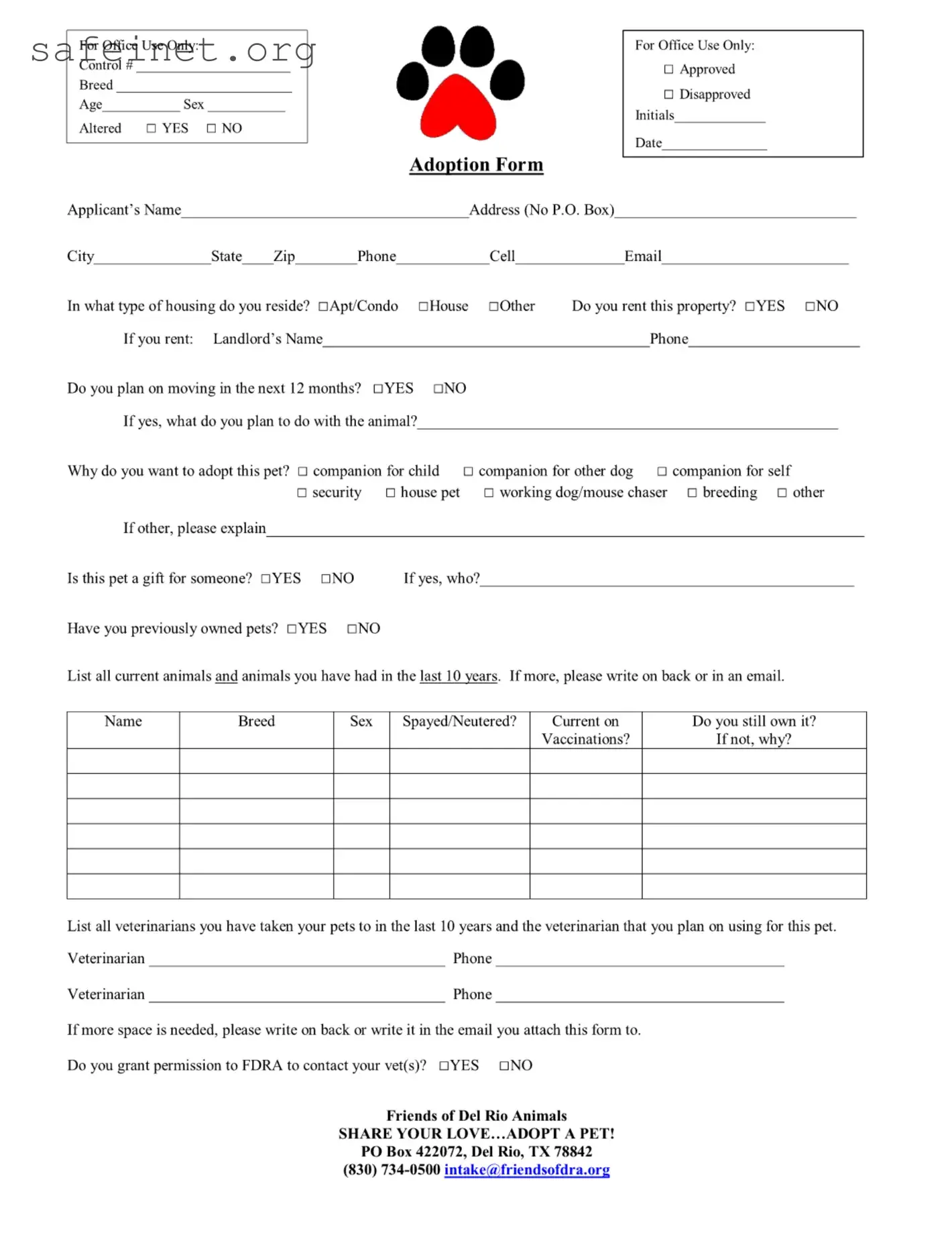Blank Dog Adoption Application Template
