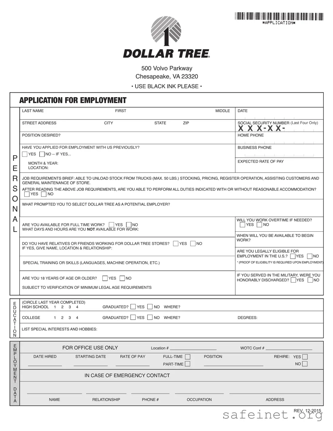 Blank Dollar Tree Application Template