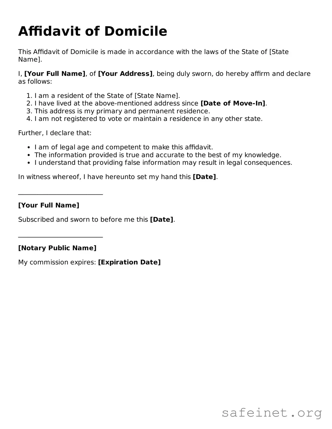 Official Affidavit of Domicile Document