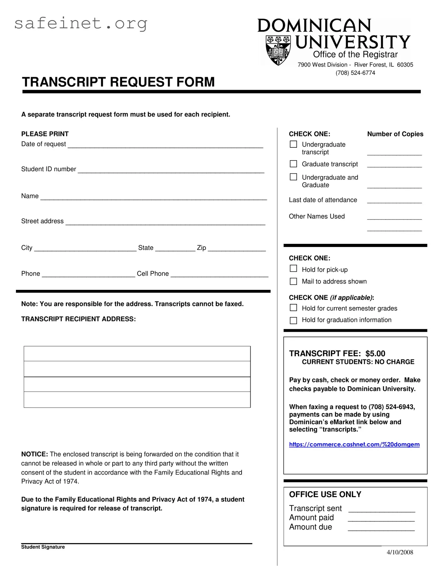 Blank Dominican University Request Template