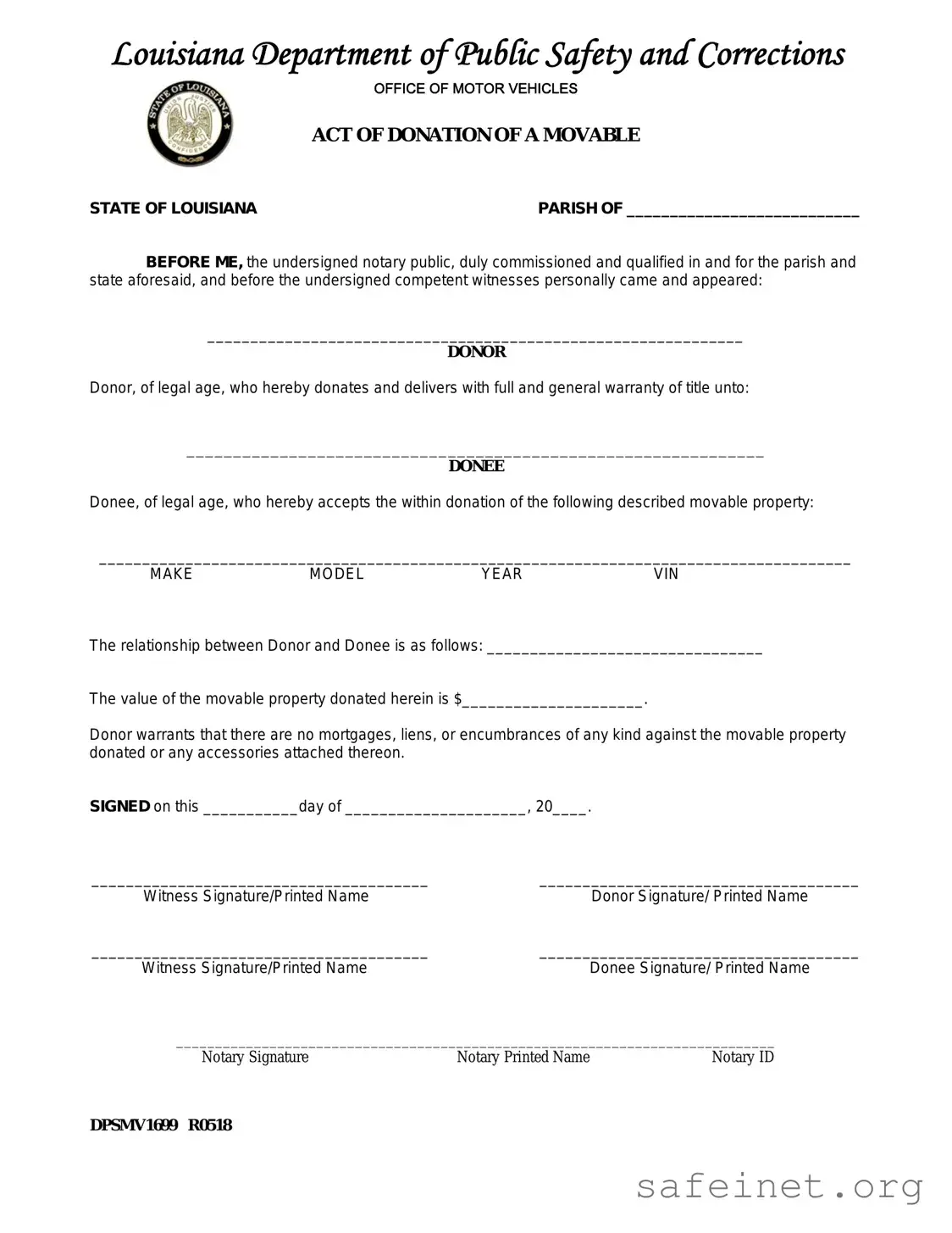 Blank Louisiana act of donation Template