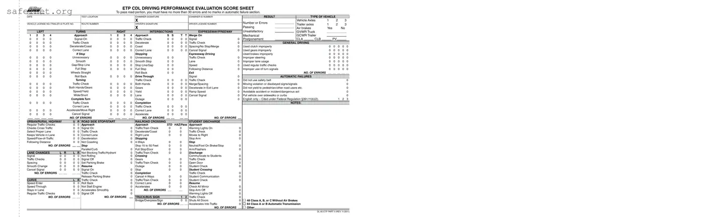 Blank Driver Performance Score Sheet Template