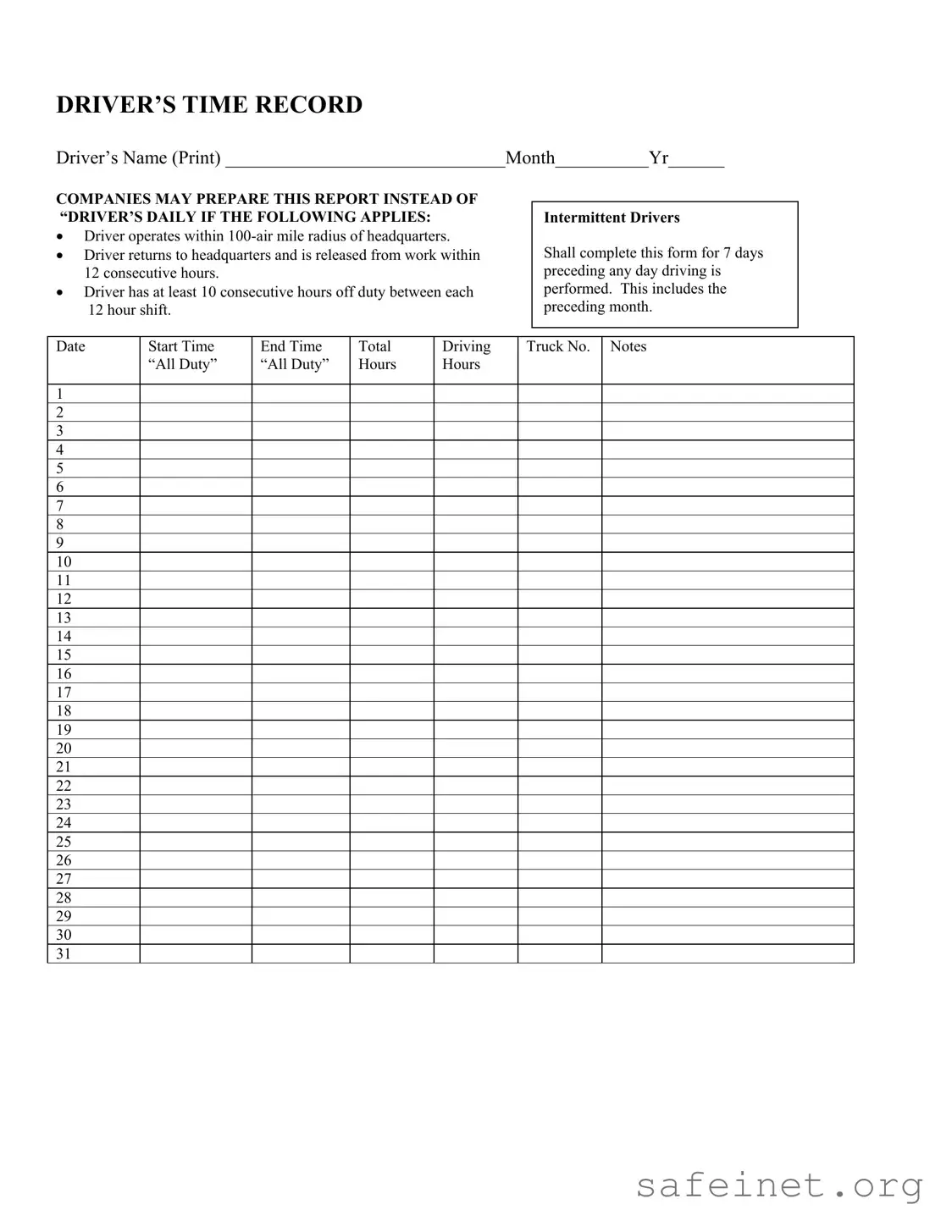 Blank Driver Time Record Template