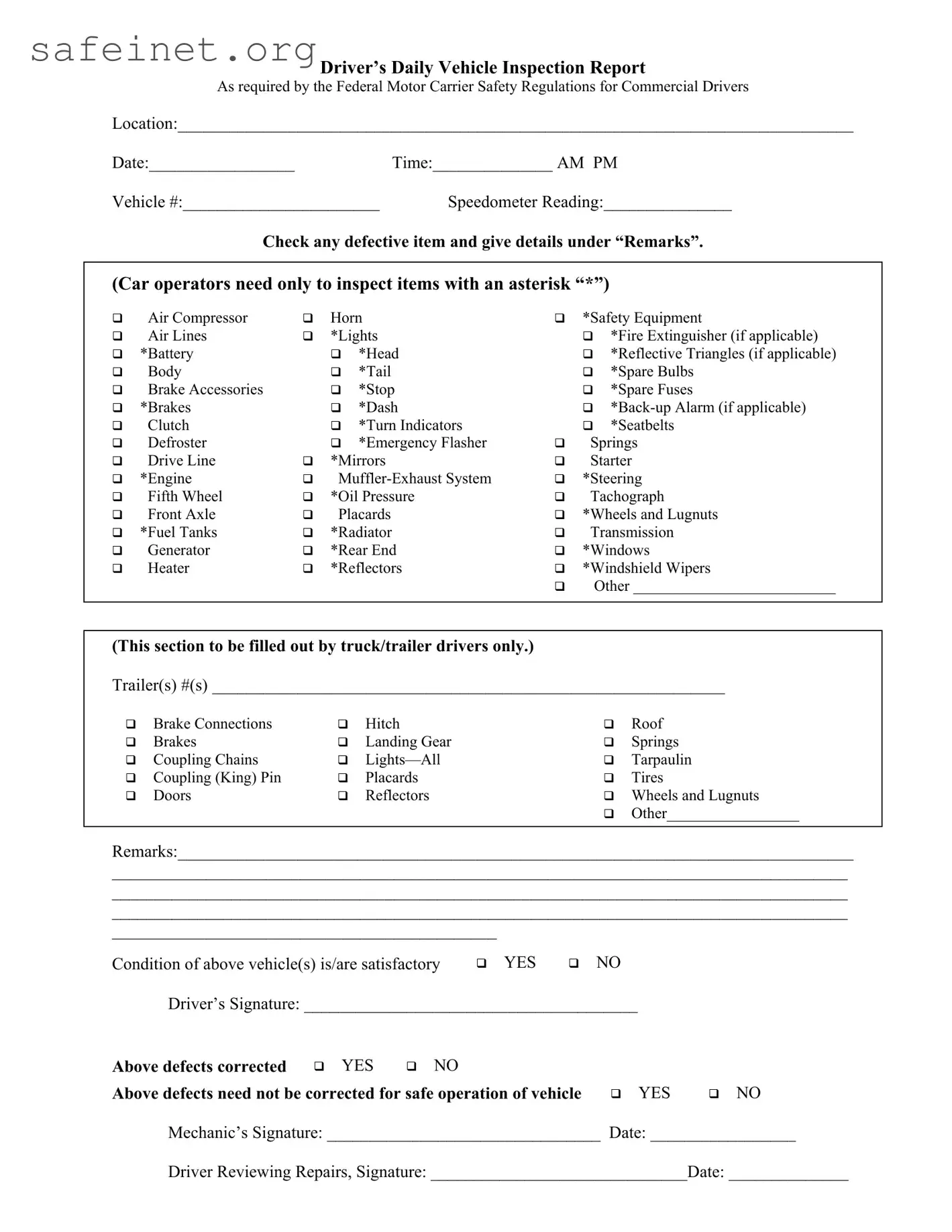 Blank Drivers Daily Vehicle Inspection Report Template