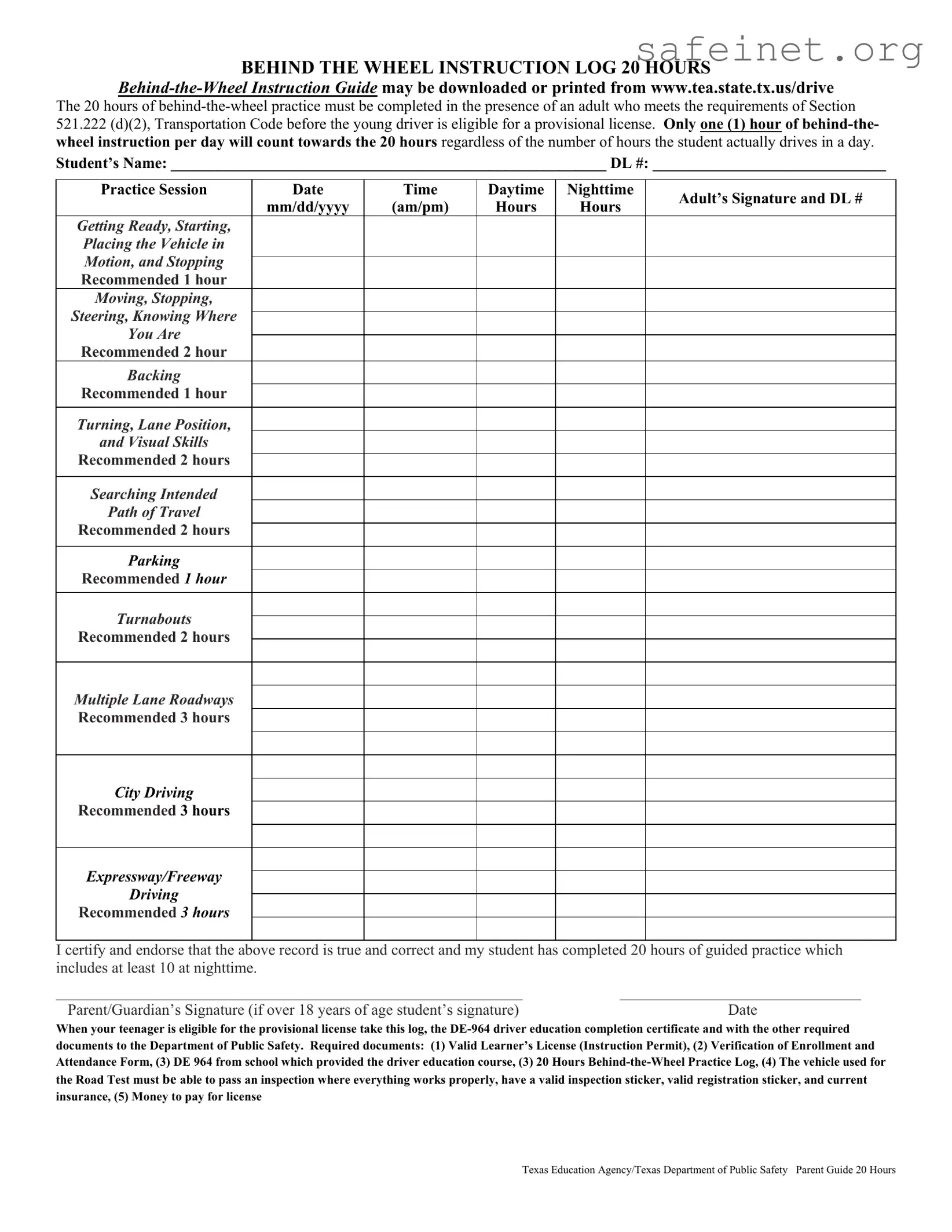 Blank Texas Dps Driving Log Template
