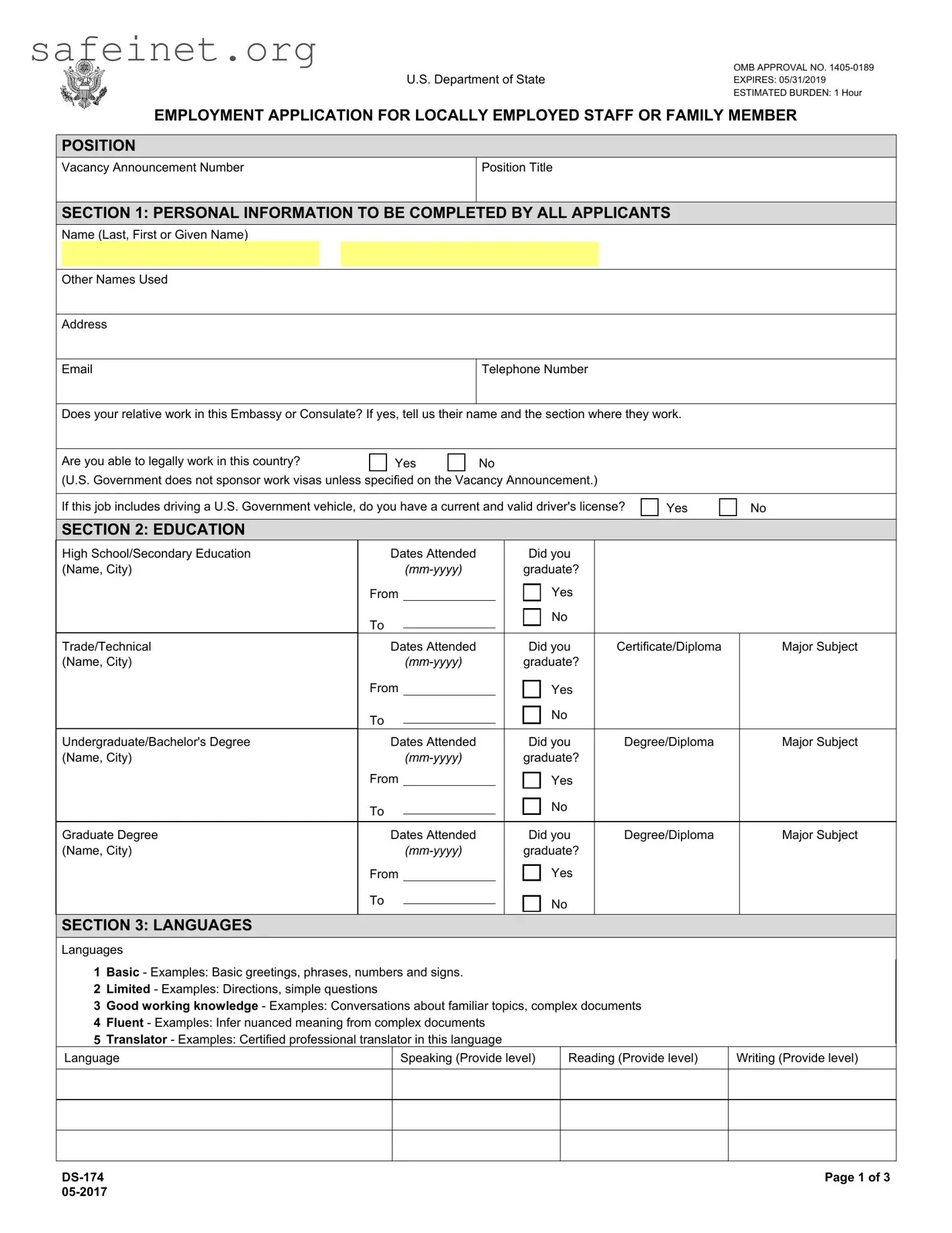Blank Ds 174 Application For Employment Template