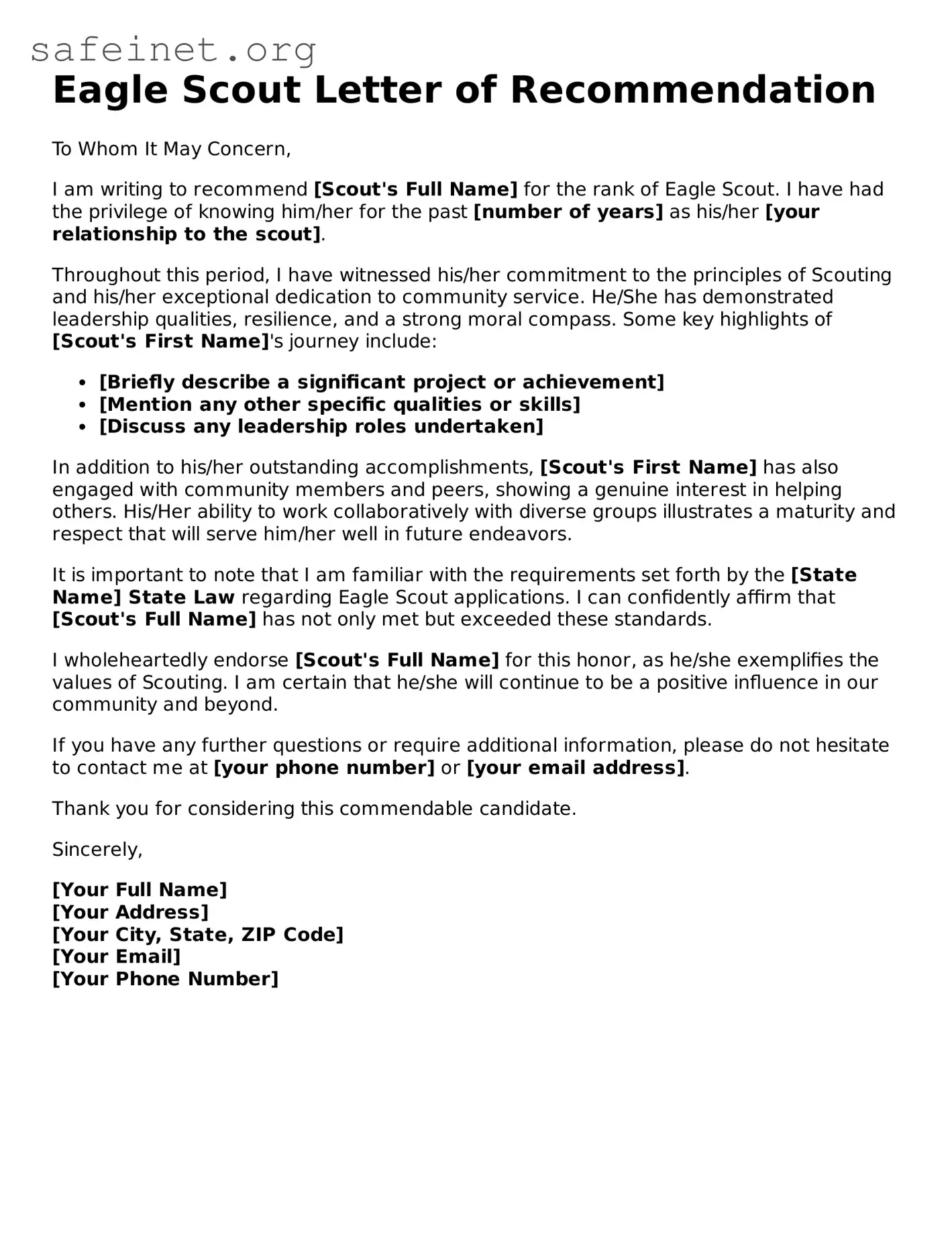 Official Eagle Scout Letter of Recommendation Document