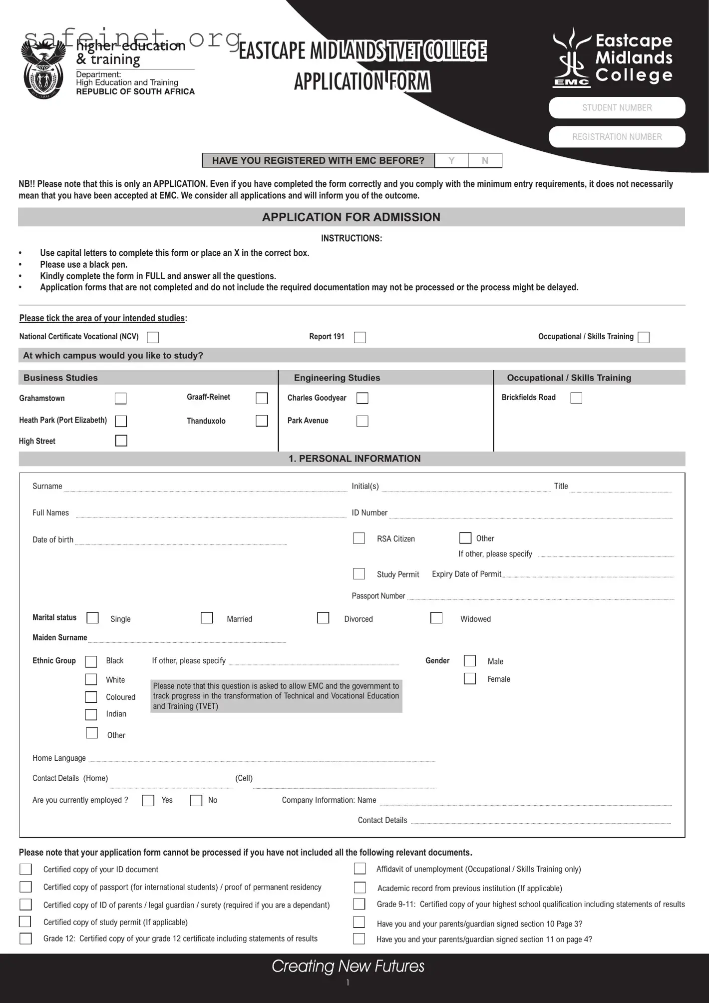 Blank Eastcape Midlands College Application Template