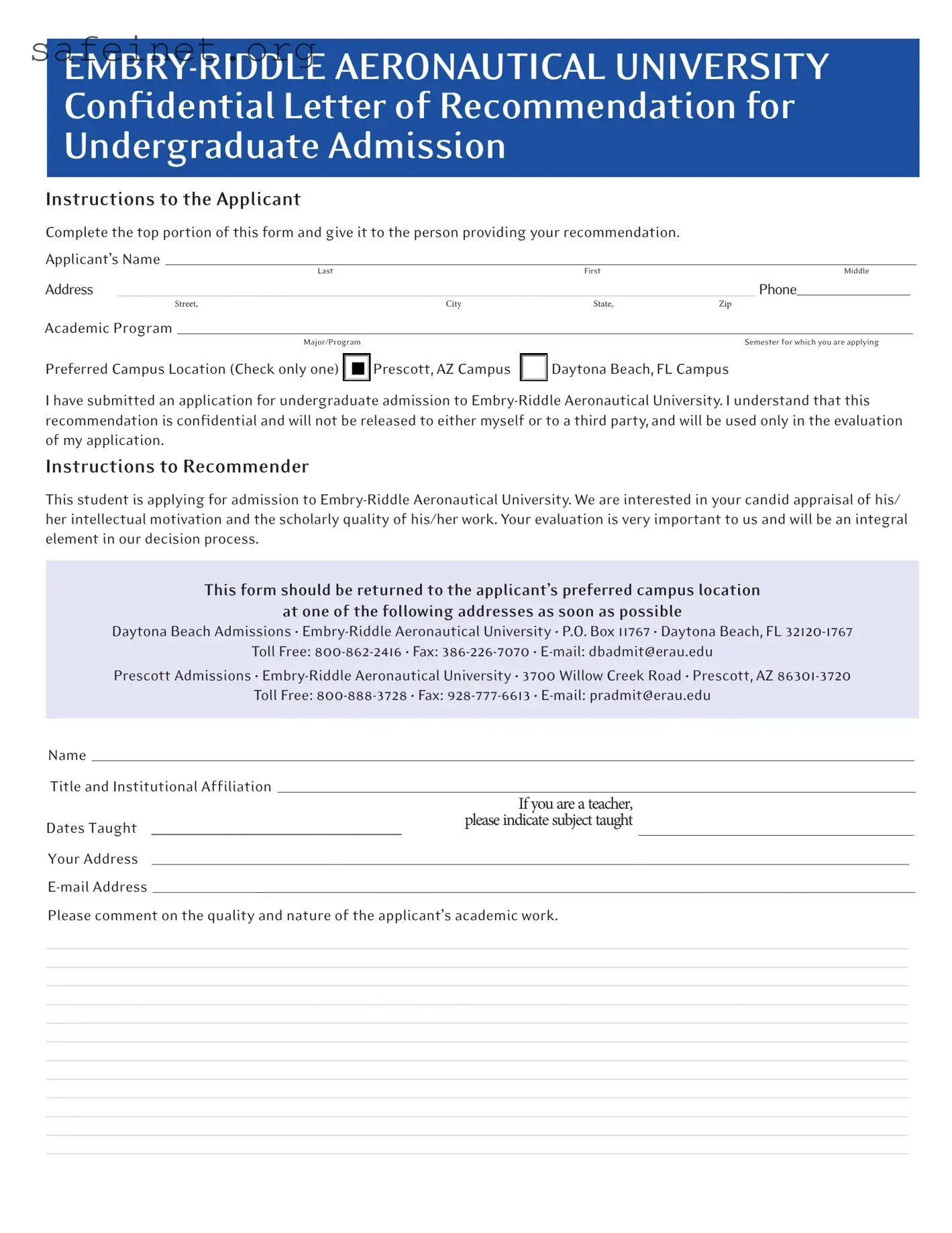 Blank Embry Riddle Letter Recommendation Template