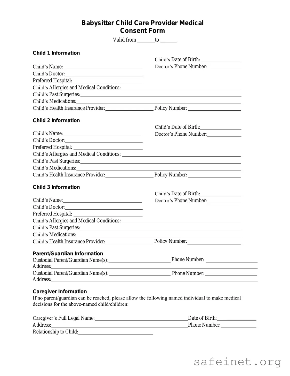 Blank Medical Consent Babysitter Template