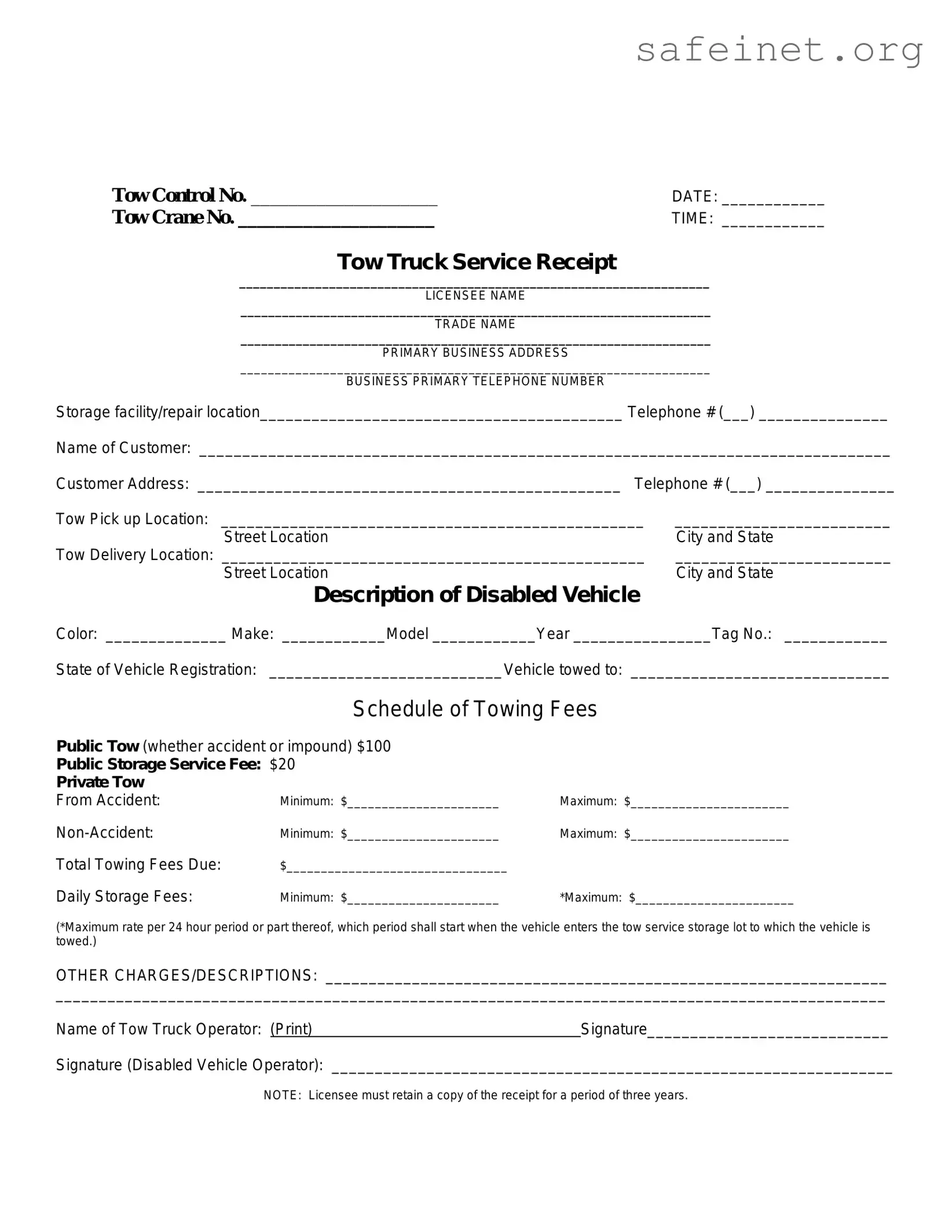 Blank Tow Truck Receipt Template
