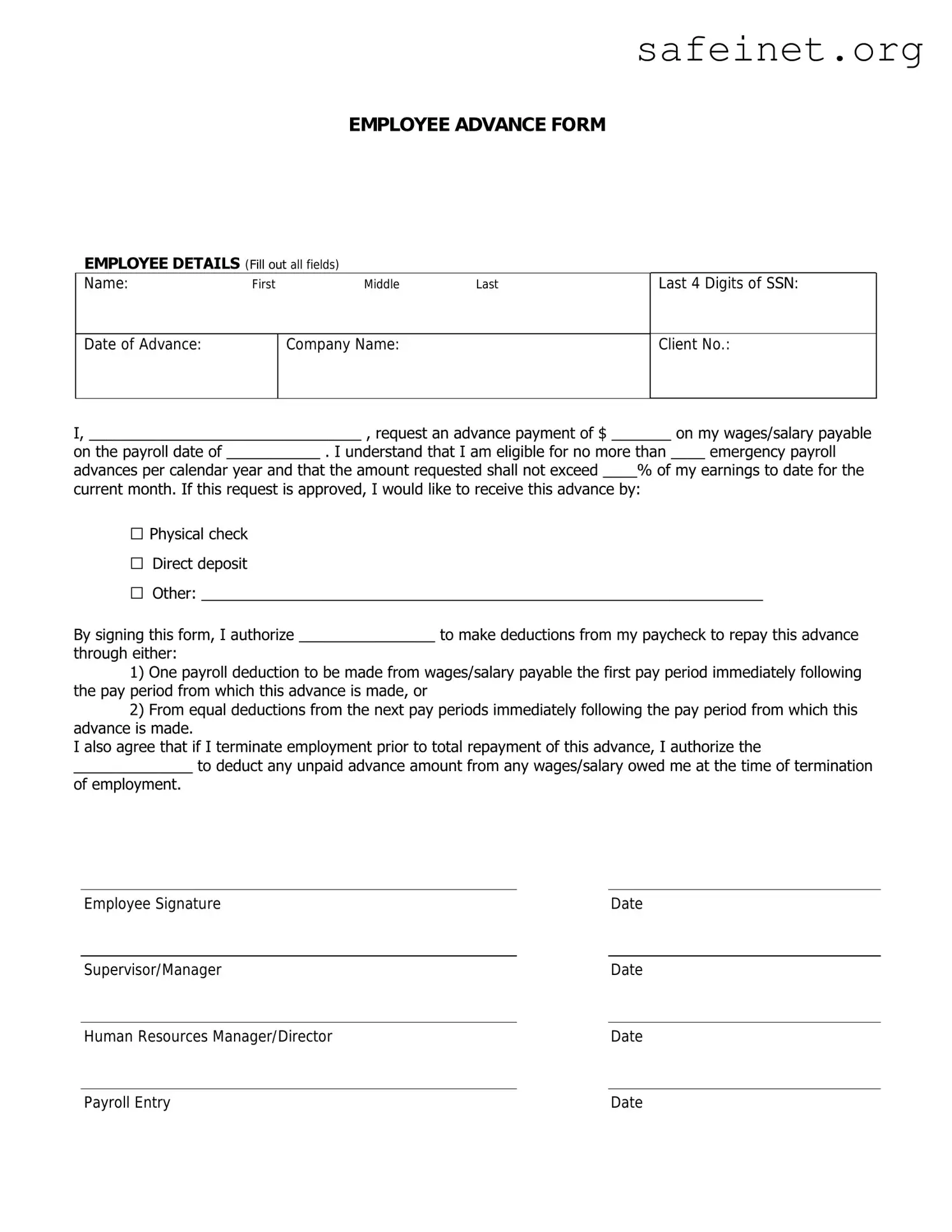 Blank Employee Advance Template
