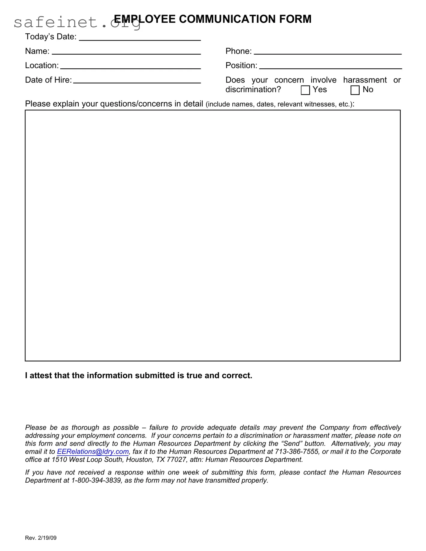 Blank Employee Communication Template