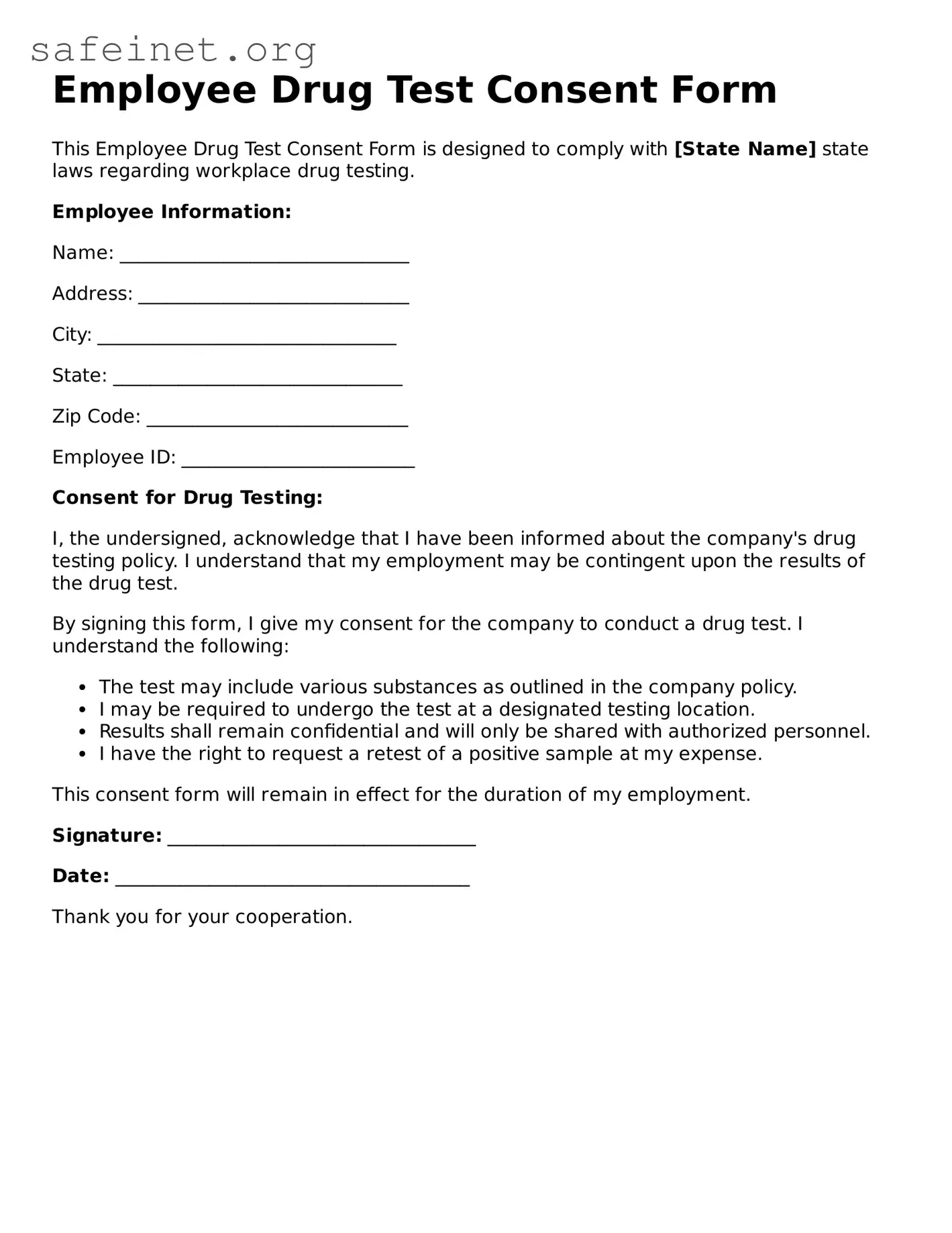 Official Employee Drug Test Consent Document