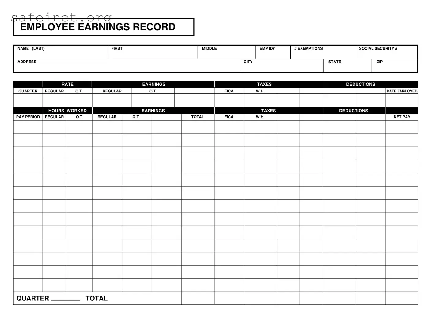 Blank Employee Earnings Record Template