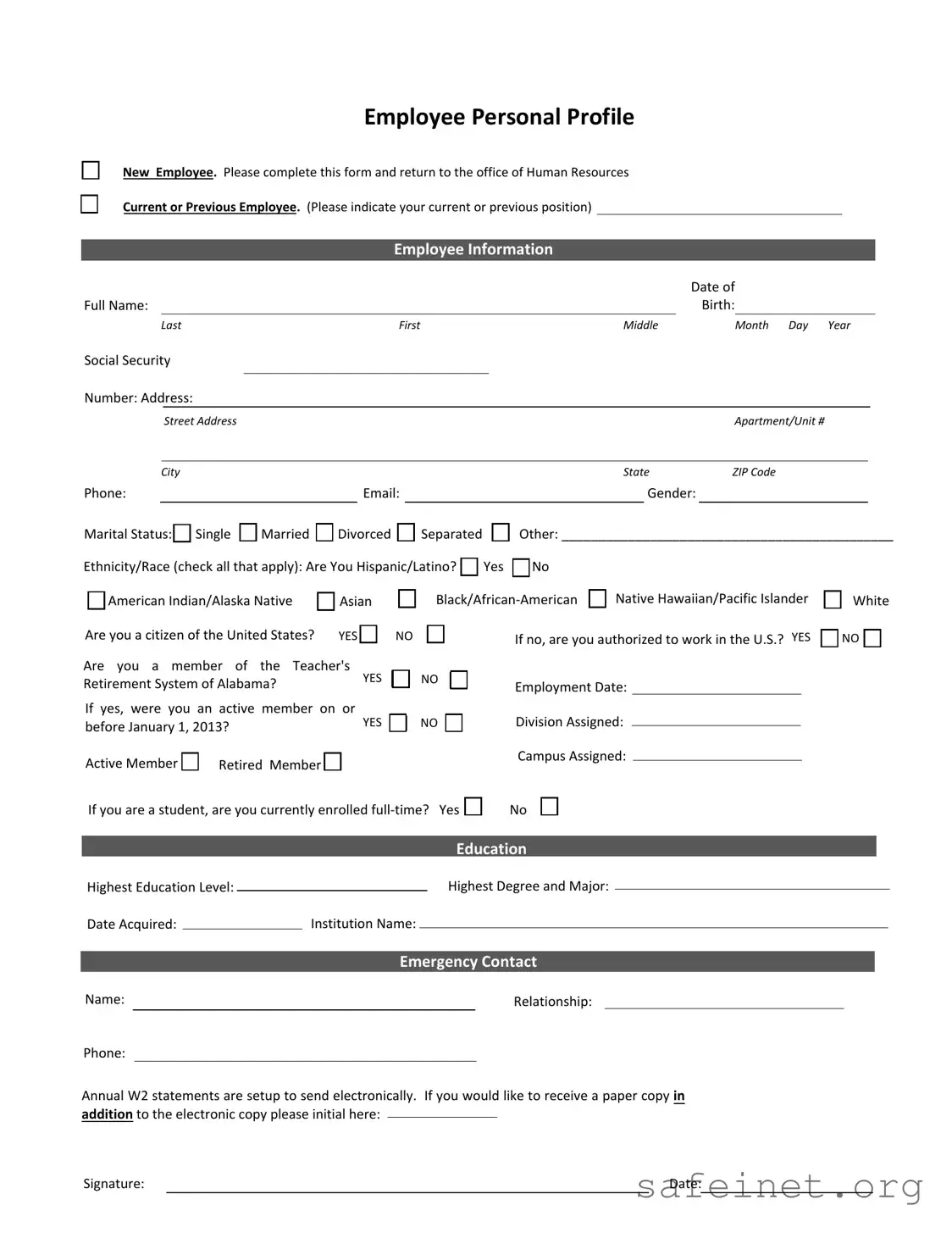 Blank Employee Profile Template