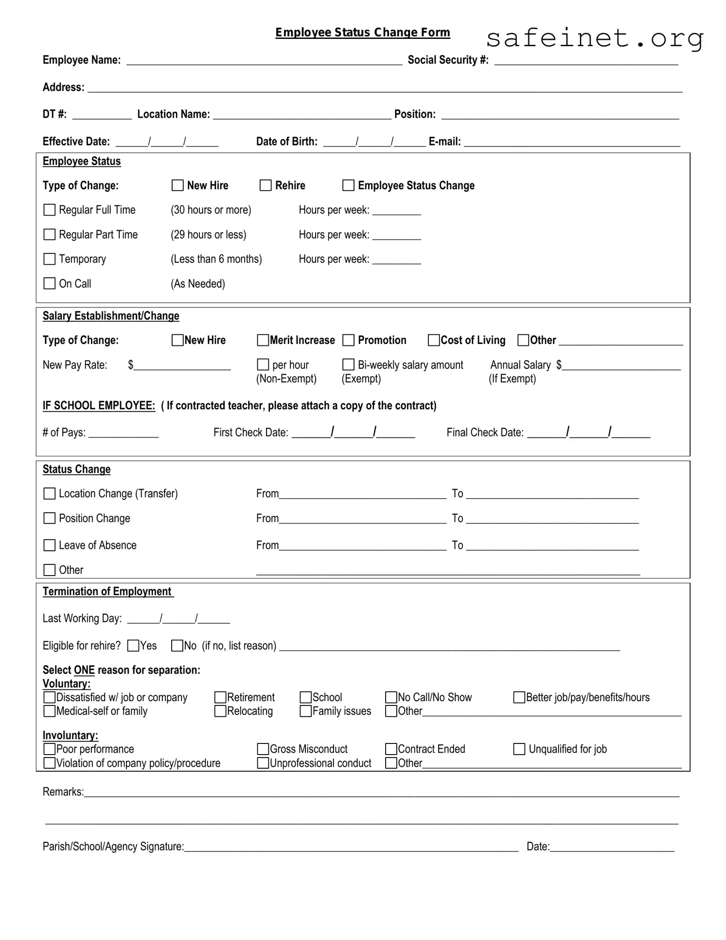 Blank Employee Status Change Template