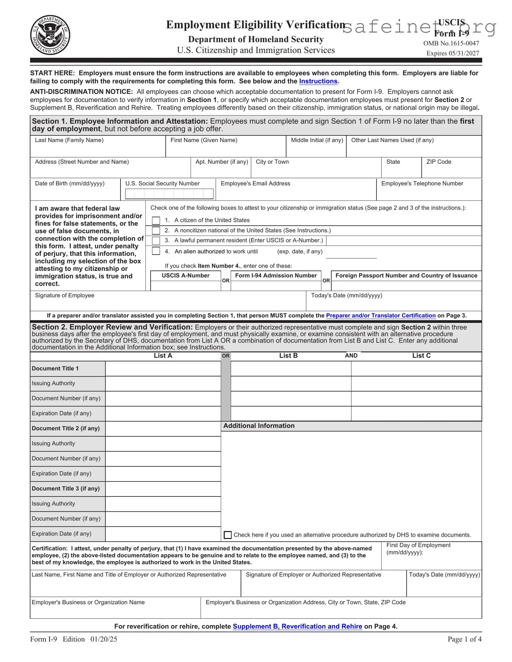 Blank USCIS I-9 Template